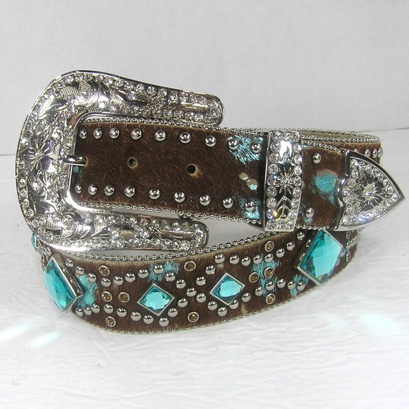 ANGEL RANCH CALF HAIR LEATHER BELT SIZE XL STUDS FAUX GEMS - Picture 1 of 16